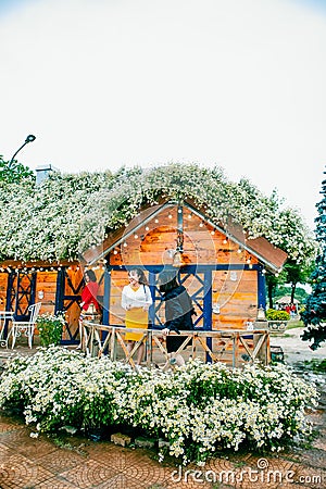 HANOI, VIETNAM - October 25, 2020: A Vietnamese flower house is a white chrysanthemum flower in the garden. Editorial Stock Photo